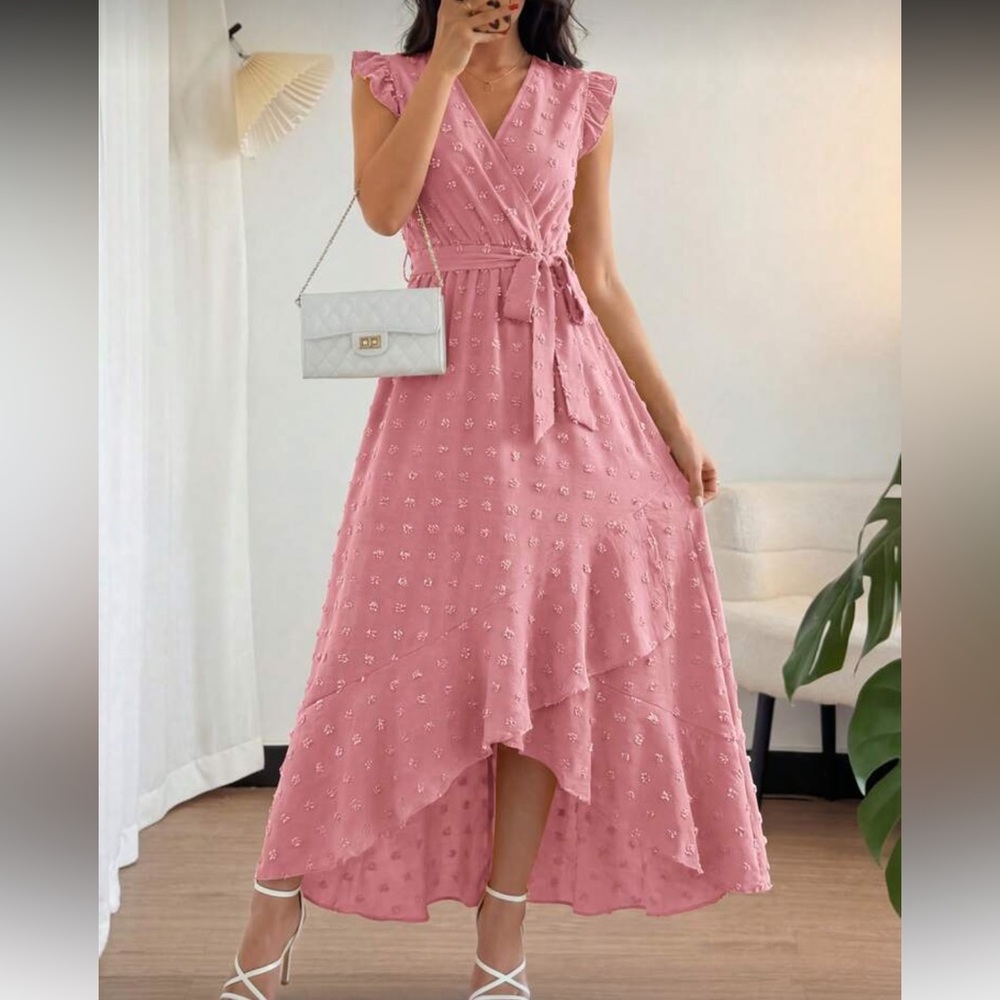 Elegant Pink High-Low Midi Dress with Tie Waist